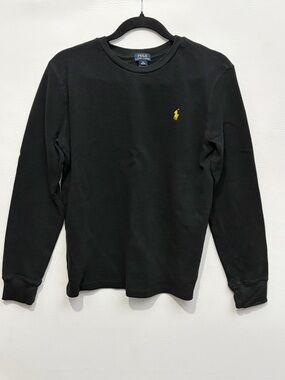 Polo by Ralph Lauren Black Thermal Crewneck with Blue Label and Yellow Text
